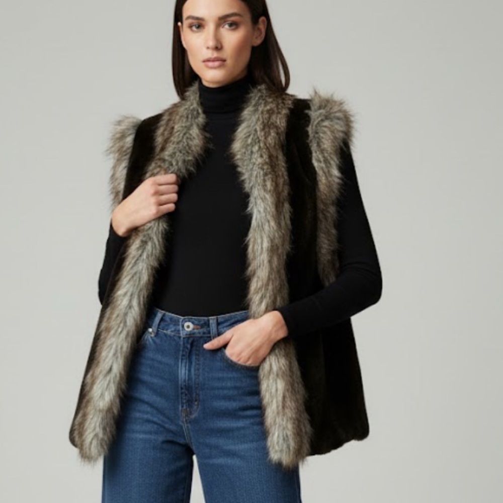 Adore NWT Faux Fur Trim Vest Black Brown XL Boho Chic Layering